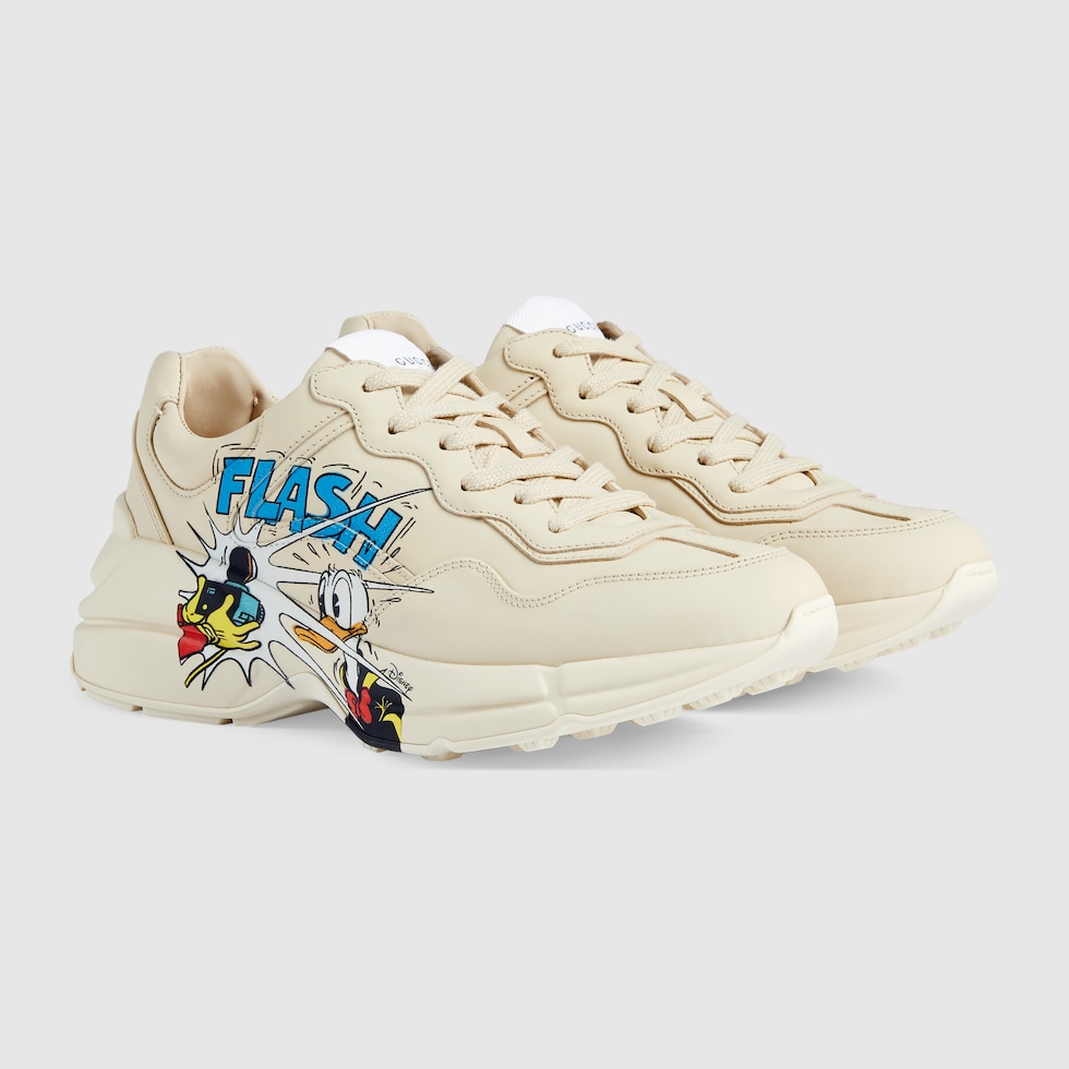 Women's Disney x Gucci Donald Duck Rhyton Sneaker In Ivory Leather