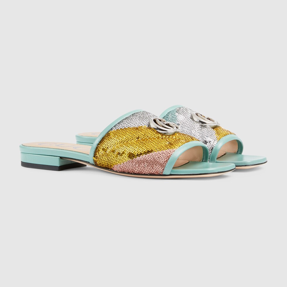 Women's Sequin Slide Sandal In Multicolor Silk | GUCCI® US