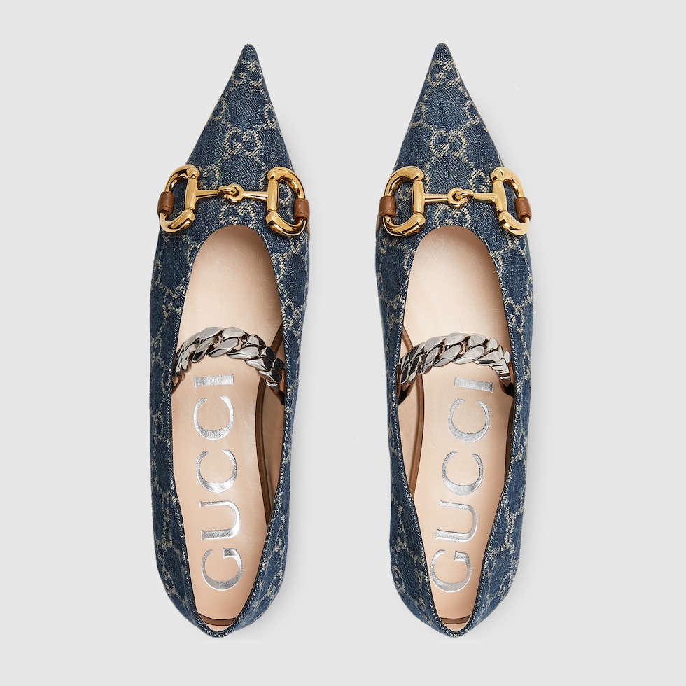 Women's ballet flat with Horsebit in blue and ivory GG denim GUCCI® CZ