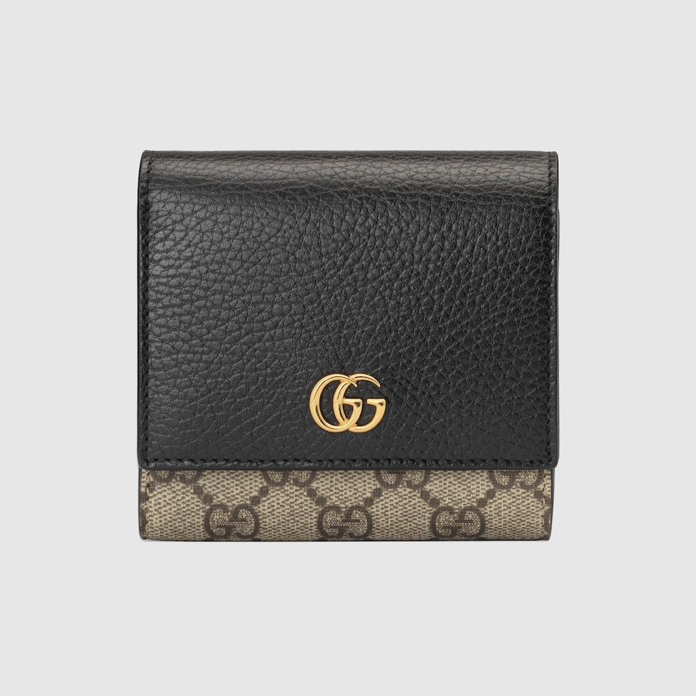 Bi-color GG Marmont medium wallet in black leather and GG Supreme
