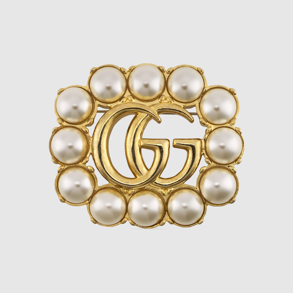 Pearl Double G brooch in gold metal | GUCCI® BE