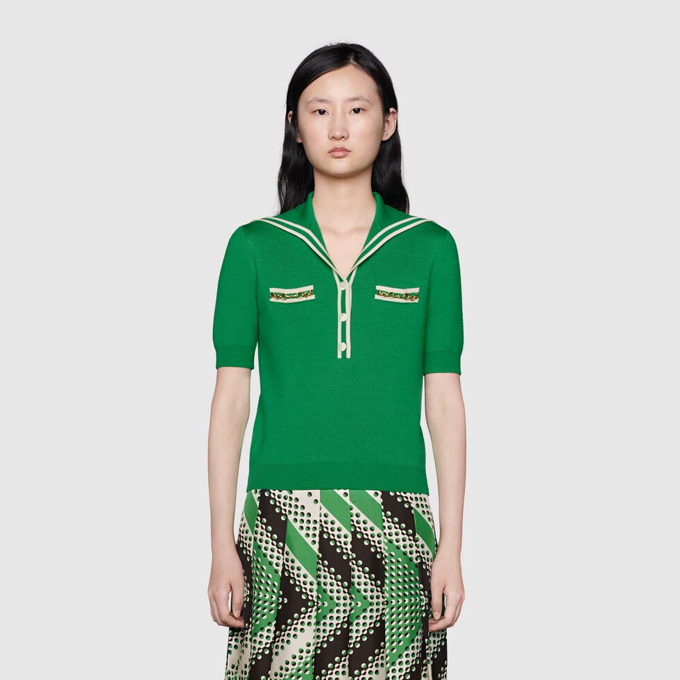 Wool Polo Shirt With GG Jacquard In Green GUCCI® UK