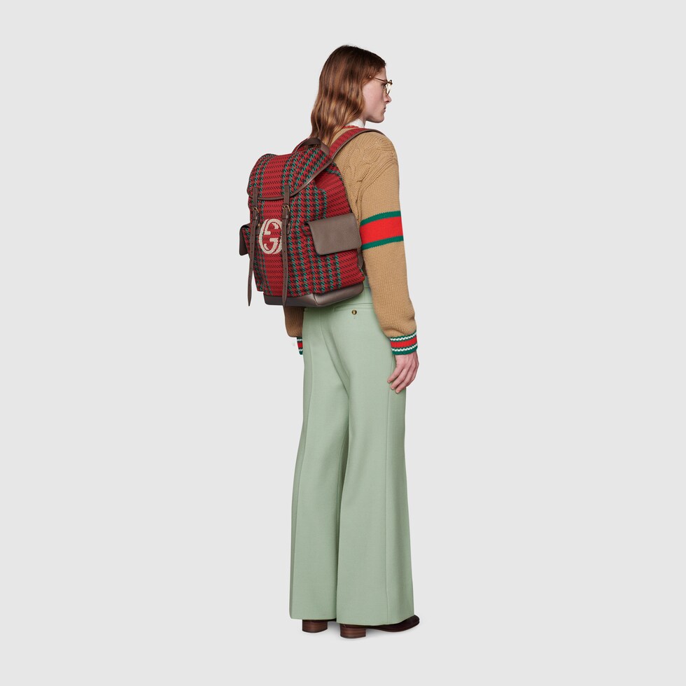 Medium backpack with Interlocking G in red and green wool GUCCI