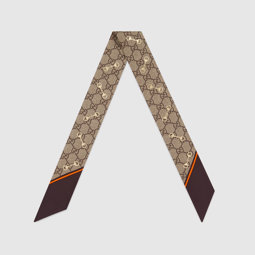 GG print with Horsebits silk neck bow in beige and ebony GUCCI US