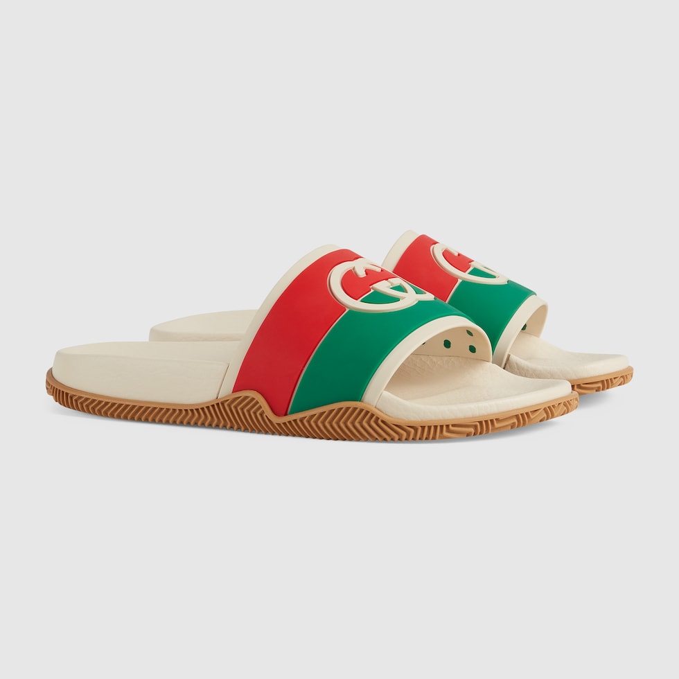 Women's Interlocking G slide sandal in red, green and white rubber