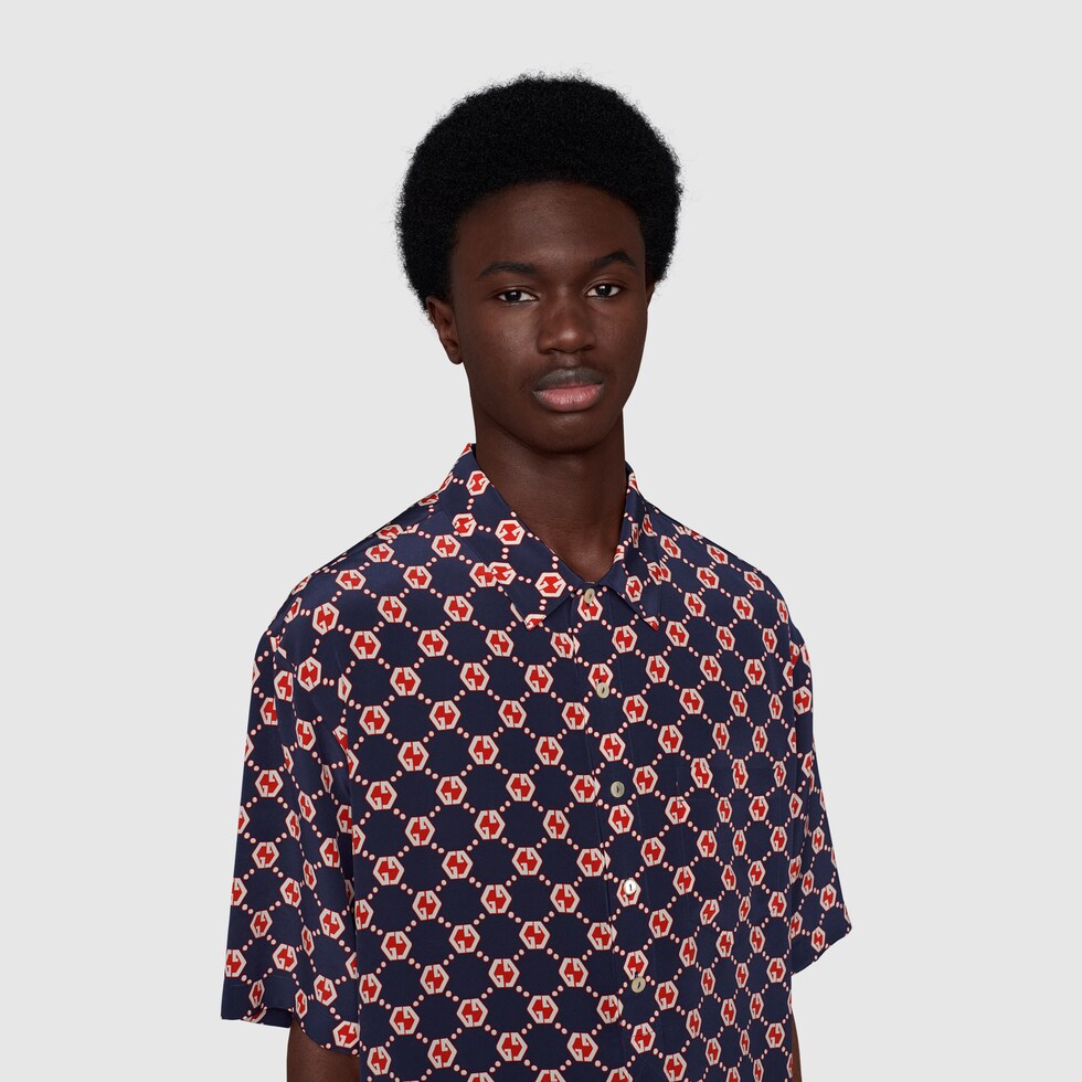 Bowling-Shirt aus Seide mit sechseckigem GG Print in blau und elfenbein