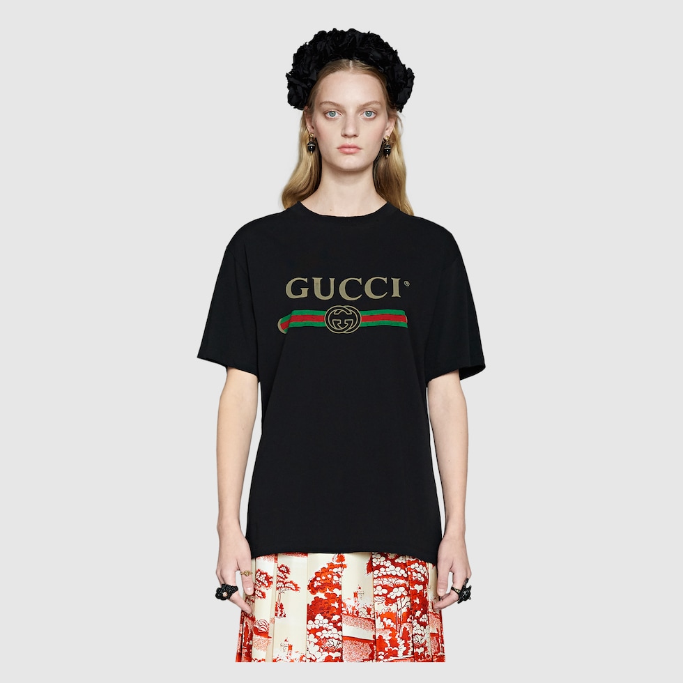 GUCCI レディース ロゴオーバーサイズコットンティーシャツ-