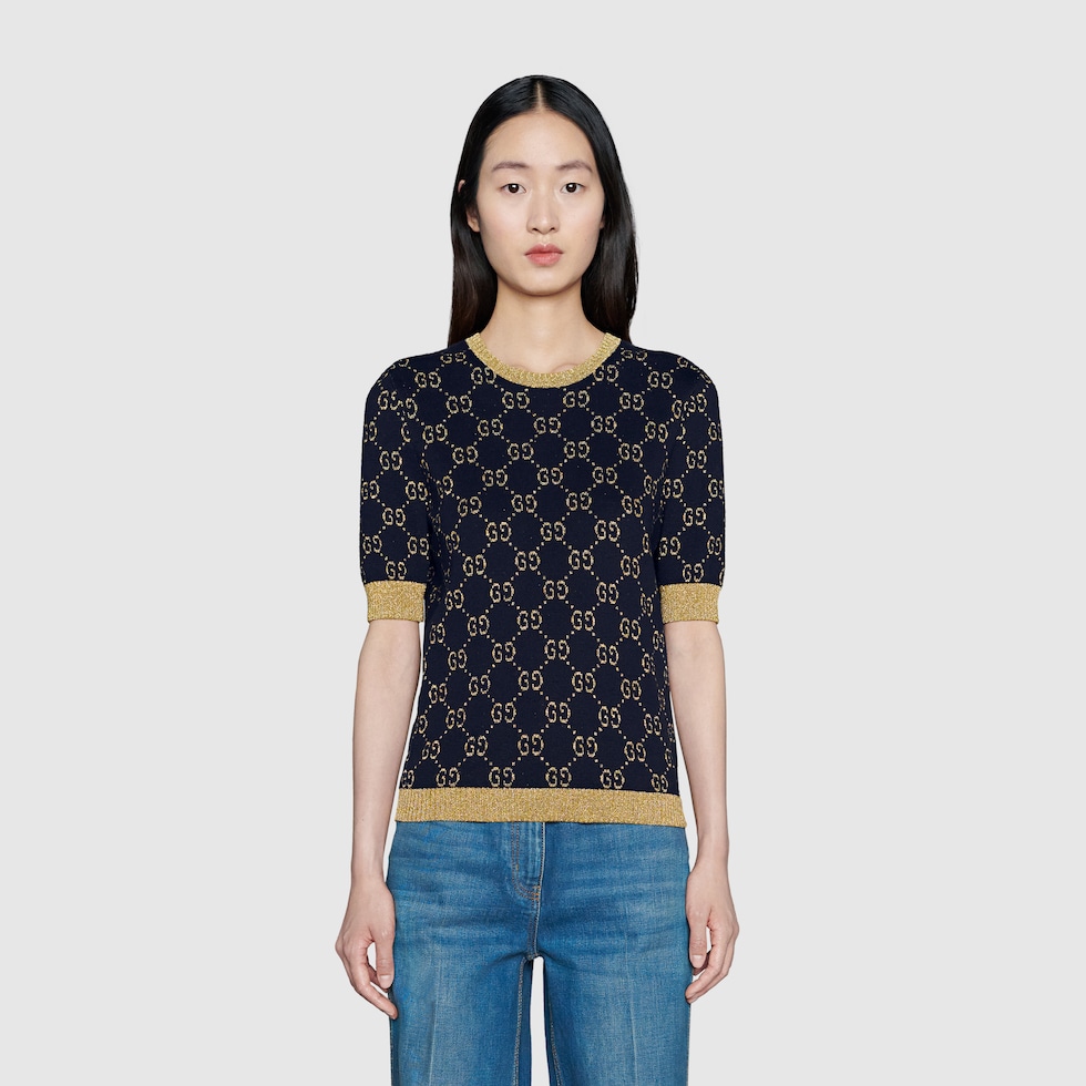 GUCCI／ラメTシャツブラウス GGコットンラメ ファブリック トップス ・ブルー/ゴールド