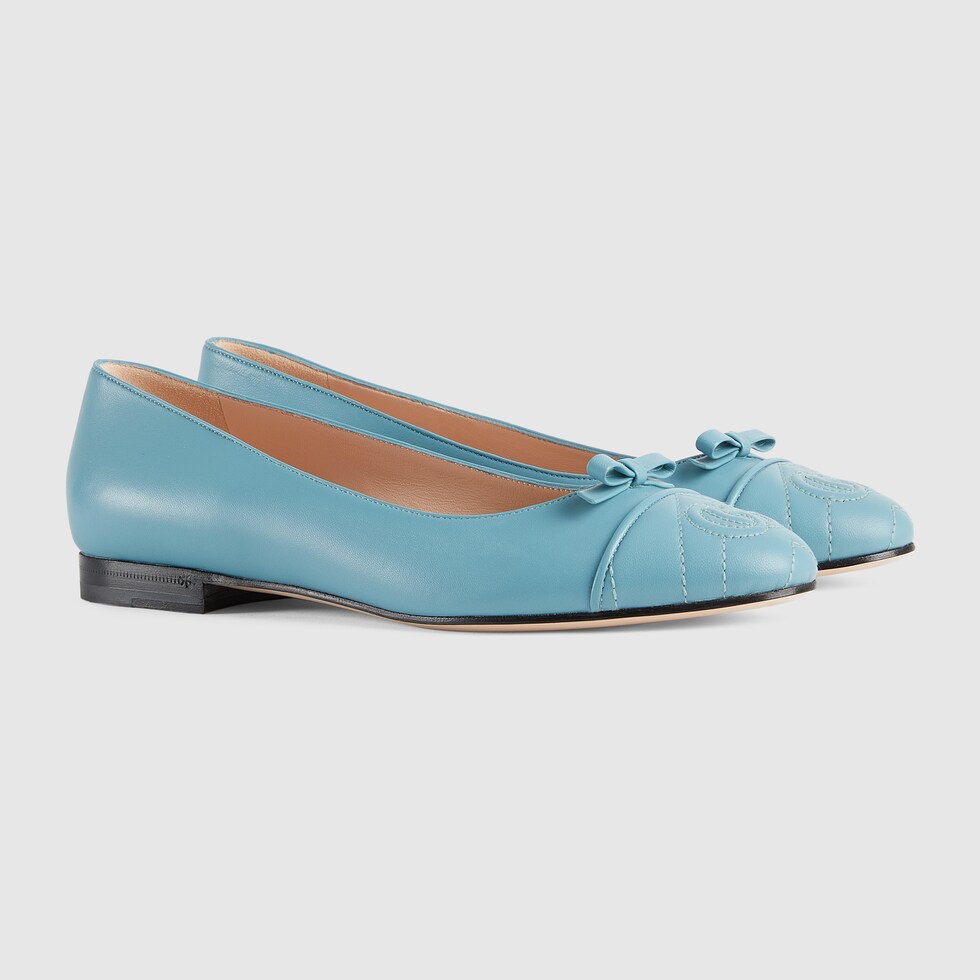 Women's ballet flat with Double G in pastel blue leather GUCCI® 香港