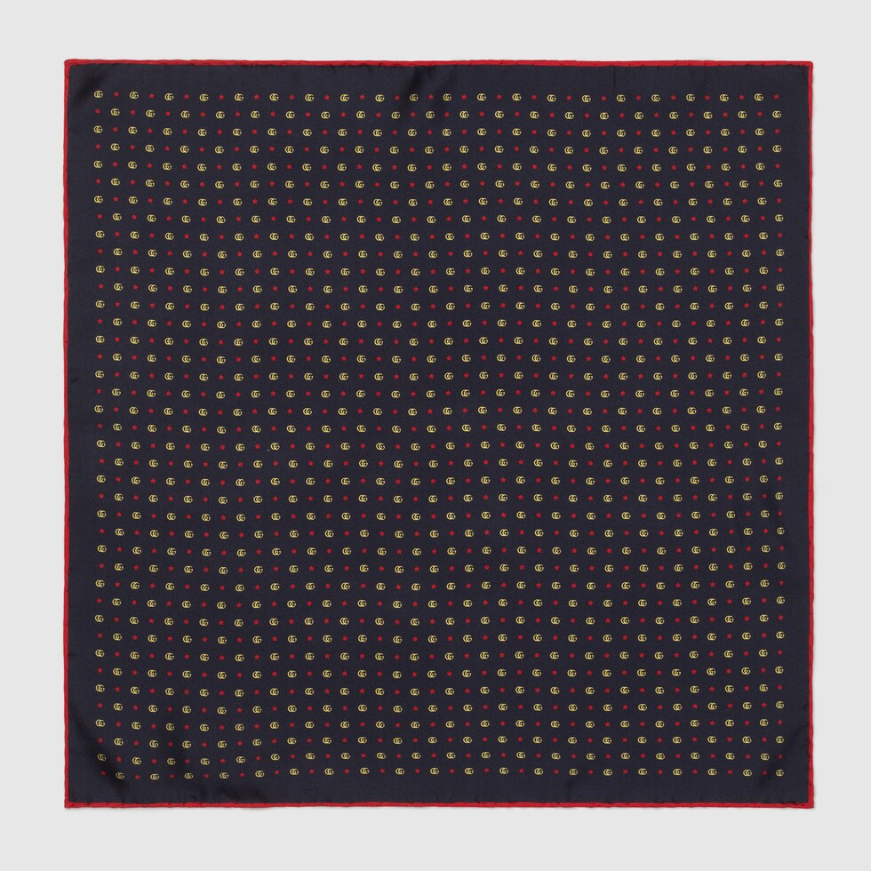 Double G and stars silk pocket square in blue GUCCI® US