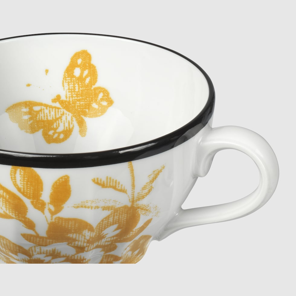 Herbarium teacup and saucer, double set in yellow porcelain