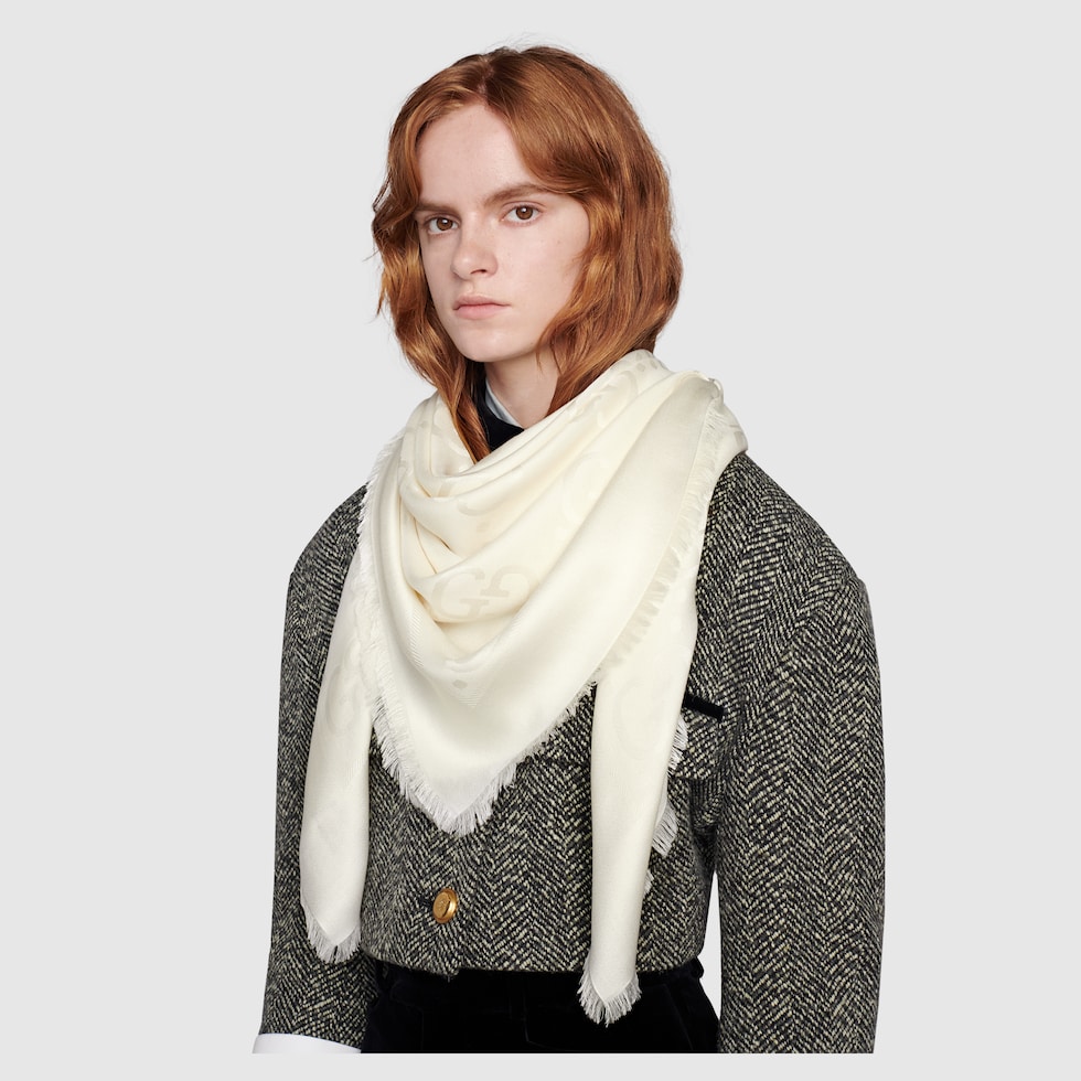 GG jacquard silk wool shawl in white | GUCCI® US