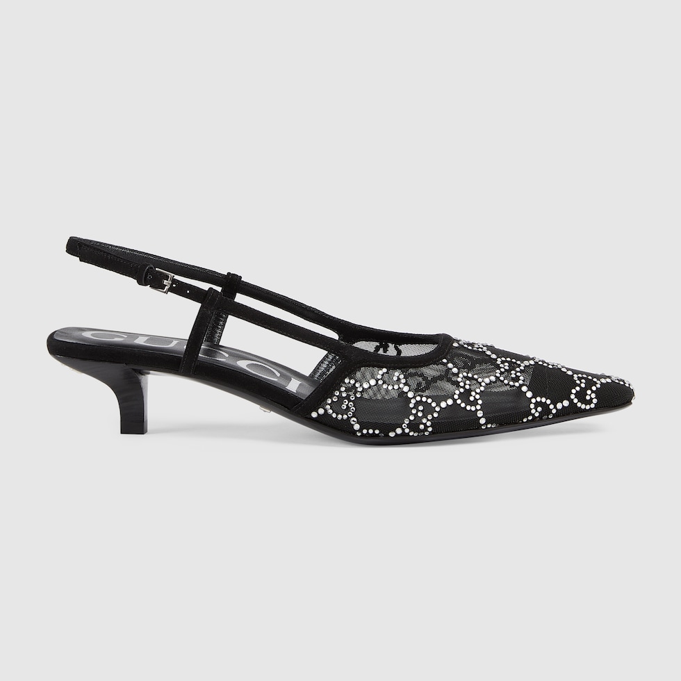 パンプス GG Crystal Slingback Heels 30mm Women's GG crystal slingback pump in black mesh with