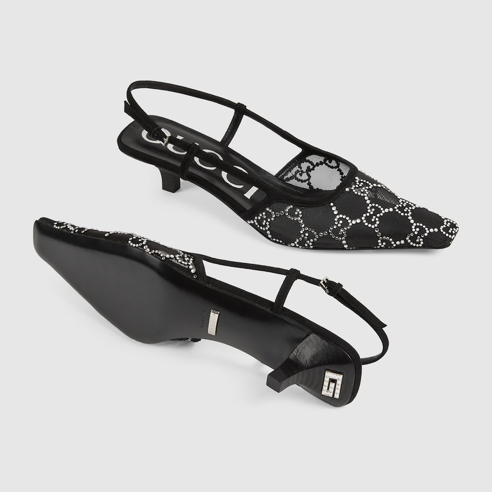 新品 GUCCI グッチ パンプス フラット ラインストーン ロゴ 38H GG クリスタル ウィメンズ スリングバック パンプスクリスタル