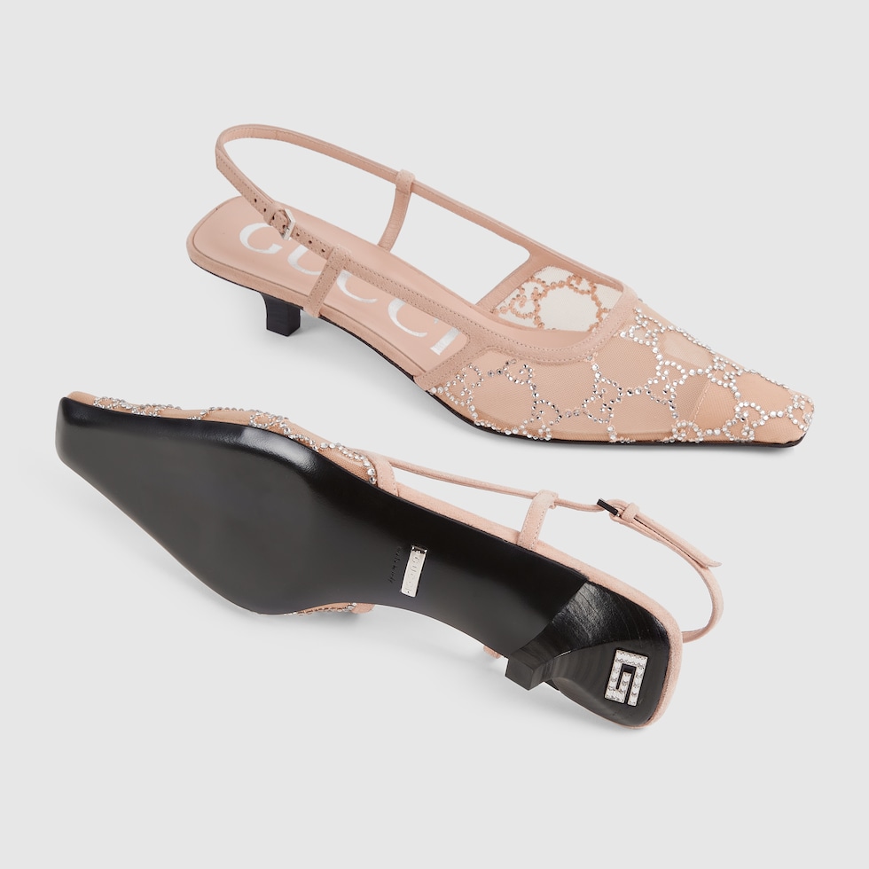 【GUCCI】 クリスタル GG スリングバック キトゥン ヒール Women's GG crystal slingback pump in rose beige mesh | GUCCI® US