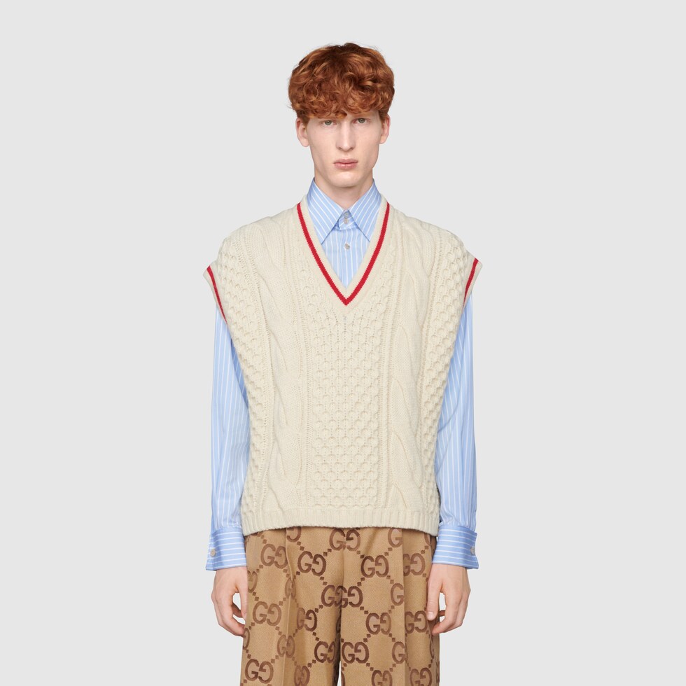 Gucci 2025 Logo Embroidered Knitted Vest Top Gray Wool