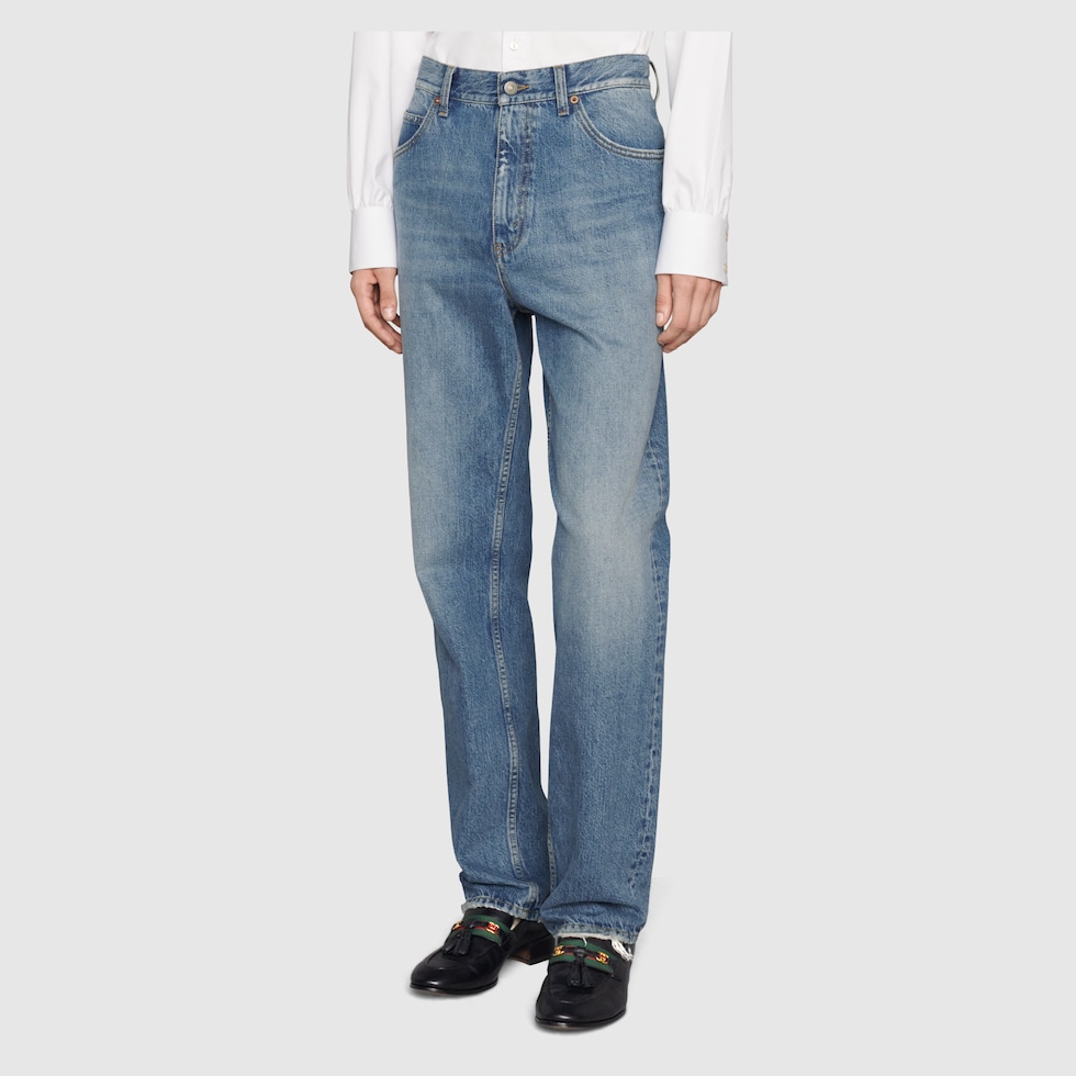 Straight-leg denim pant in blue | GUCCI® Canada