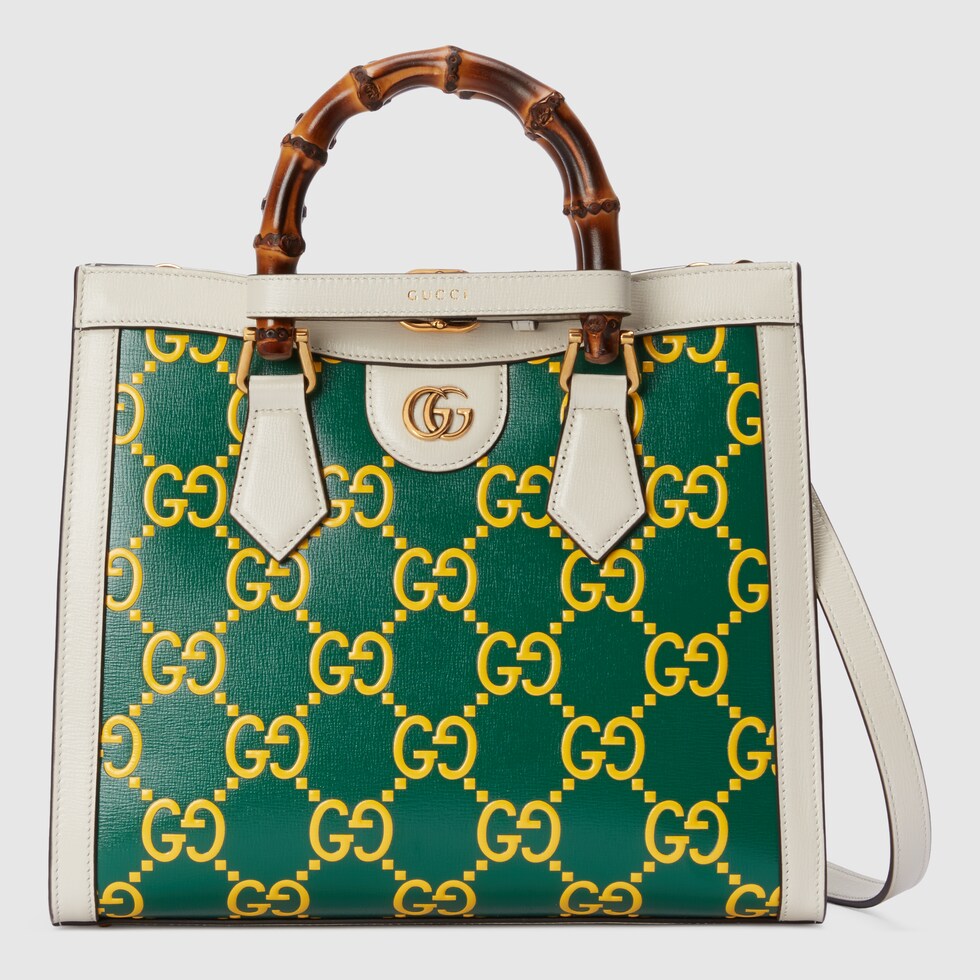 Gucci Diana Gg Small Tote Bag In Green And White Leather Gucci Dk