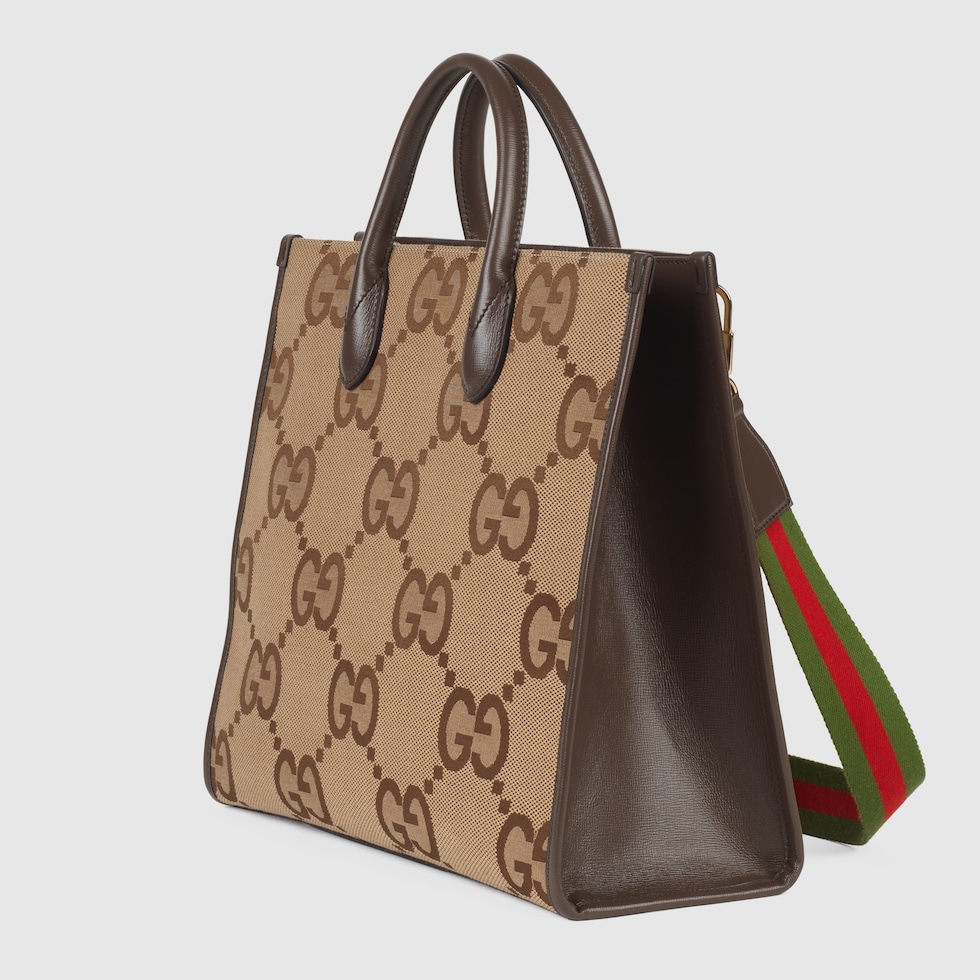 Tote bag with jumbo GG in camel and ebony GG Canvas GUCCI® US