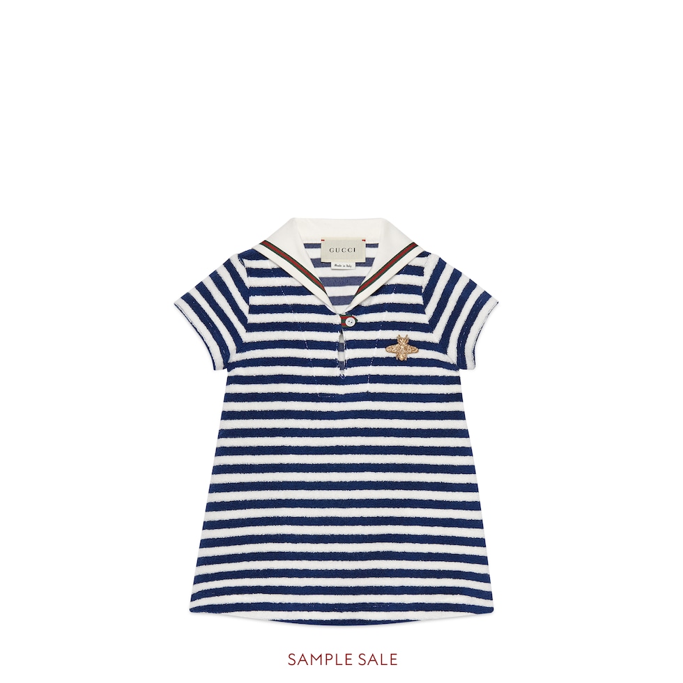 SA Baby striped terry cloth dress with bee in white deep blue striped terry cloth