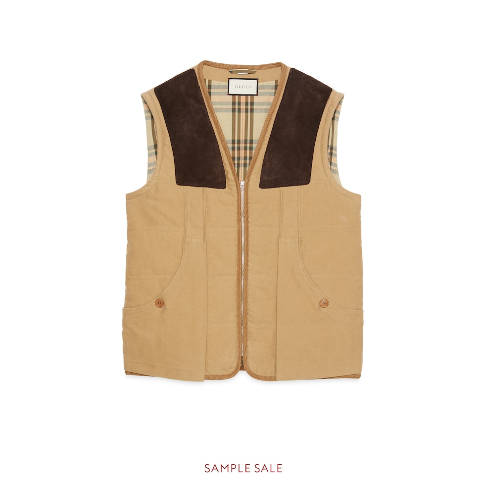 Beige Cotton Moleskin Vest With Suede Details GUCCI® 香港