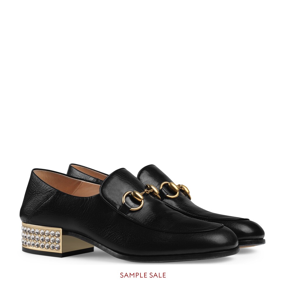 Black Leather Horsebit Loafer With Crystals GUCCI