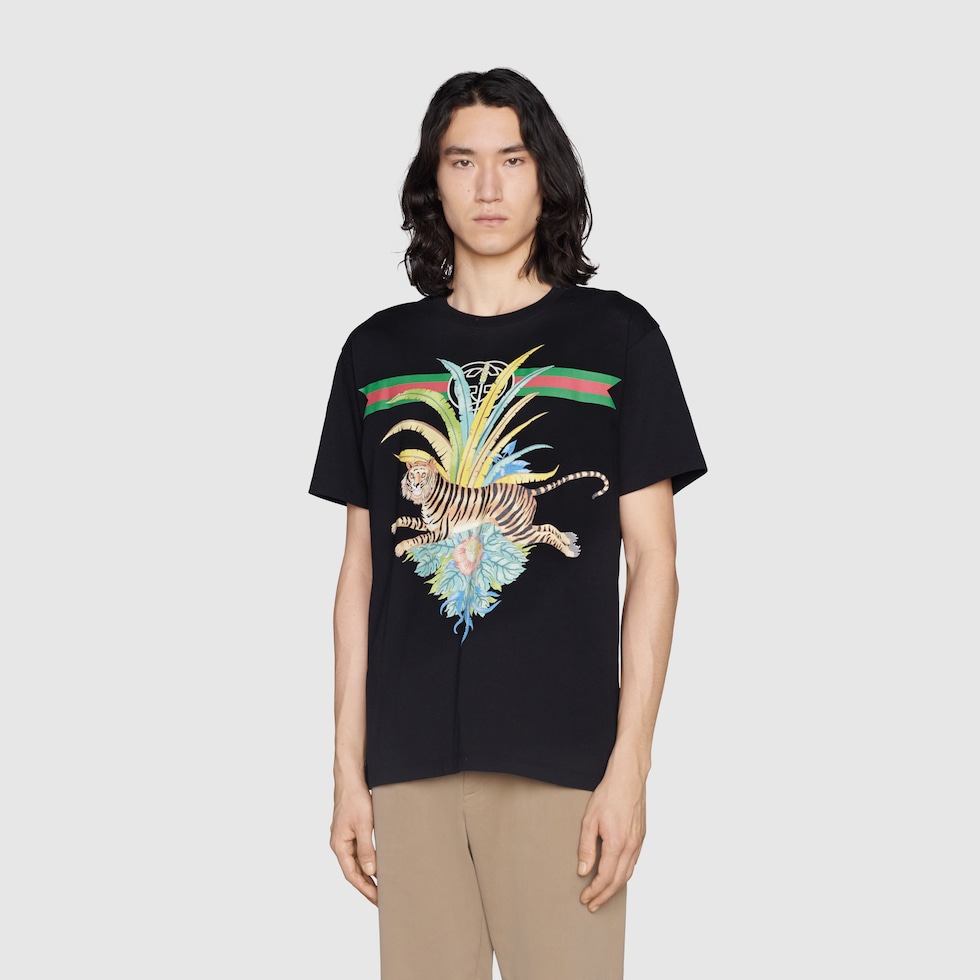 Gucci Tiger camiseta de algodon y flores en negro GUCCI ES