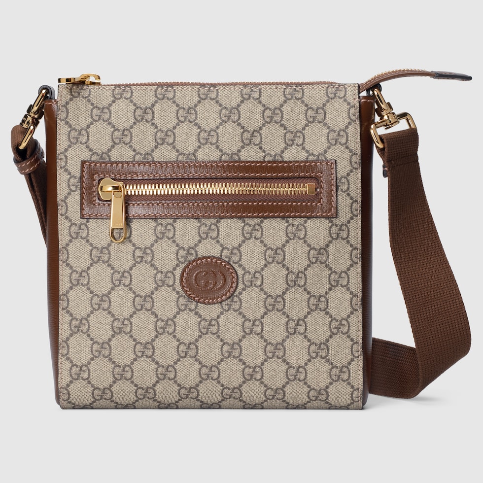 Gucci GG Supreme Monogram Messenger Bag Brown Beige Double Buckle