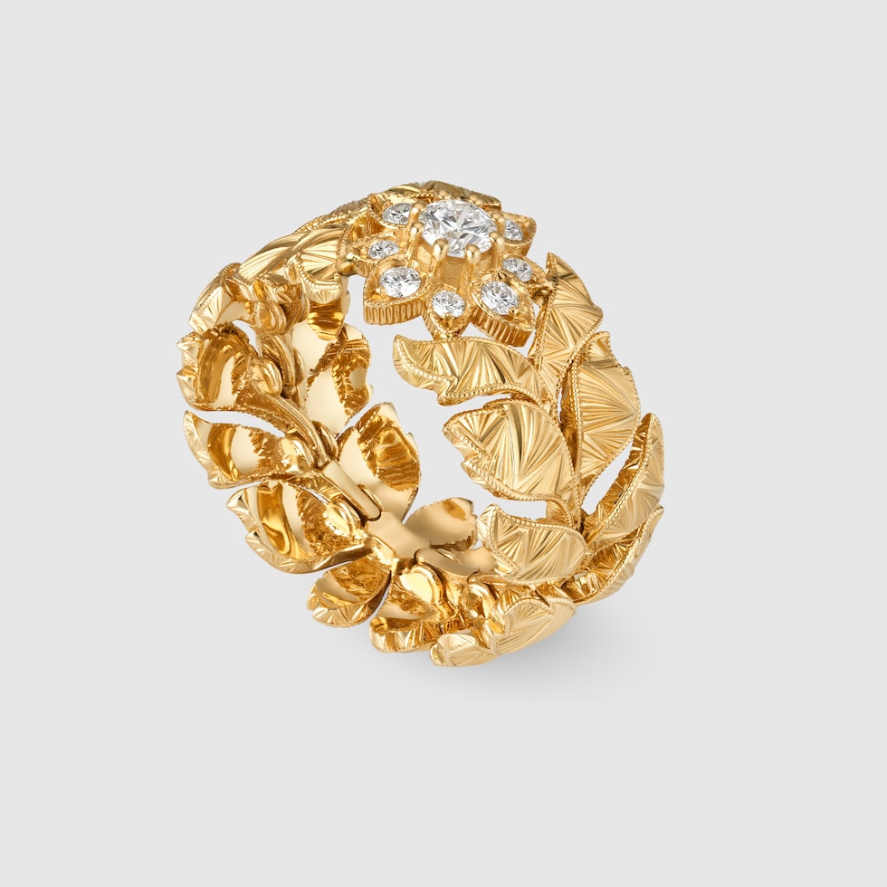Flora 18k wide diamond ring in 18k yellow gold GUCCI Australia