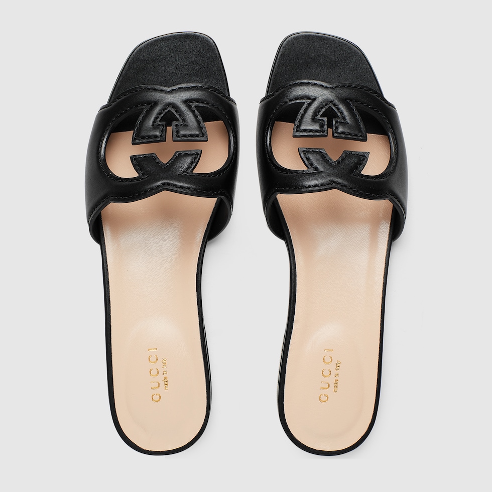 Damenpantolette mit GG Cut-out-Detail in schwarzes Leder | GUCCI® DE 