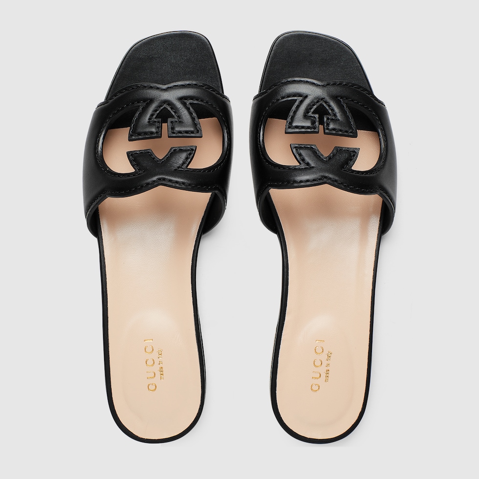 Women s slide sandal with Interlocking G in black leather GUCCI Canada