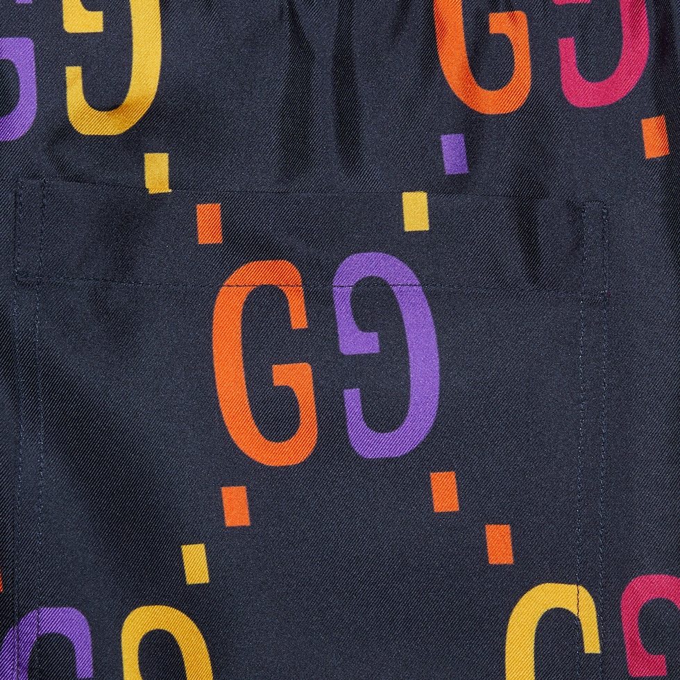 Jumbo GG silk shorts in dark blue and multicolor | GUCCI® MX
