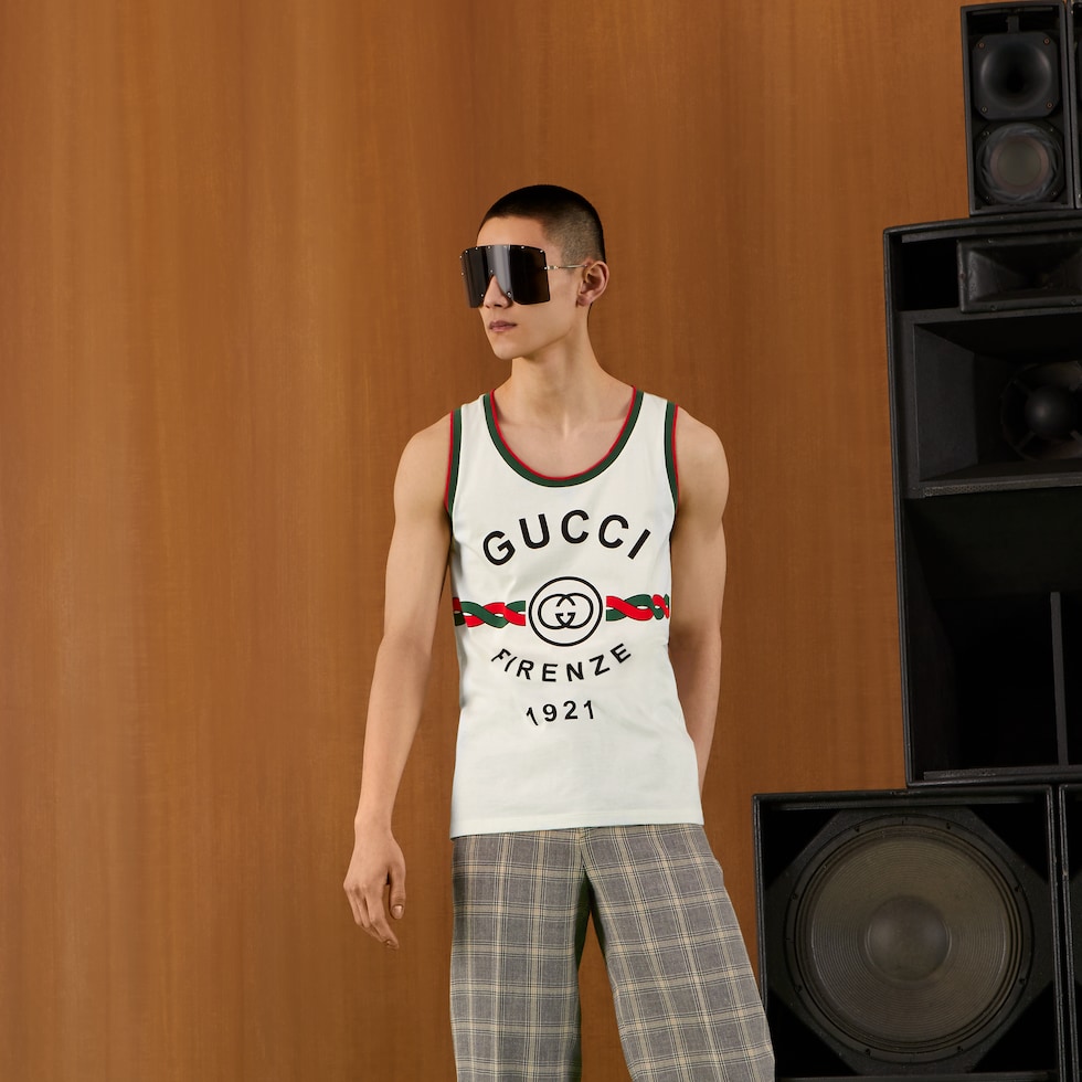 Cotton jersey 'Gucci Firenze 1921' tank top in white | GUCCI® AU