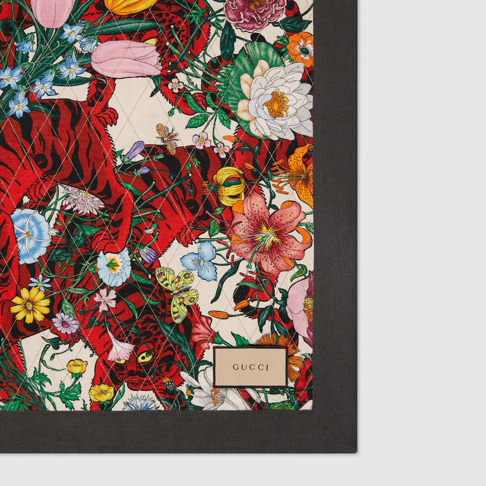 Flora and tigers print linen quilt blanket in white and orange linen