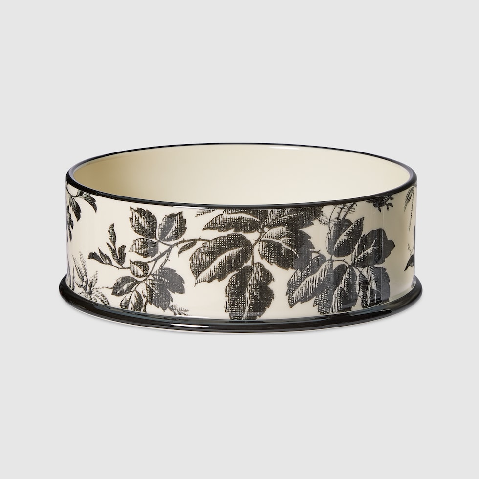 Large Herbarium print pet bowl in black and beige porcelain