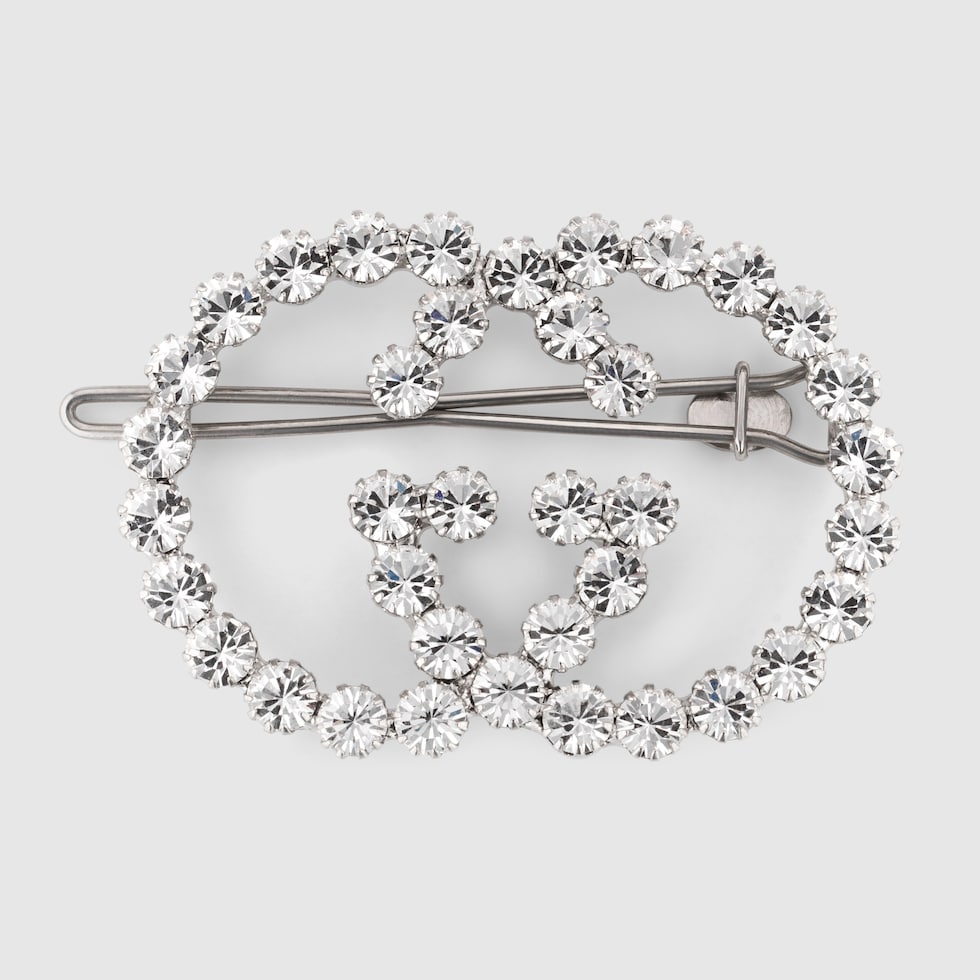 Shiny Palladium Finish Crystal Interlocking G Hair Clip | GUCCI® US