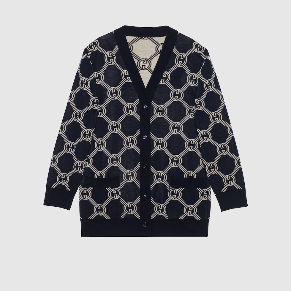argue reversible wool cardigan ② Reversible GG wool jacquard cardigan in blue and ivory