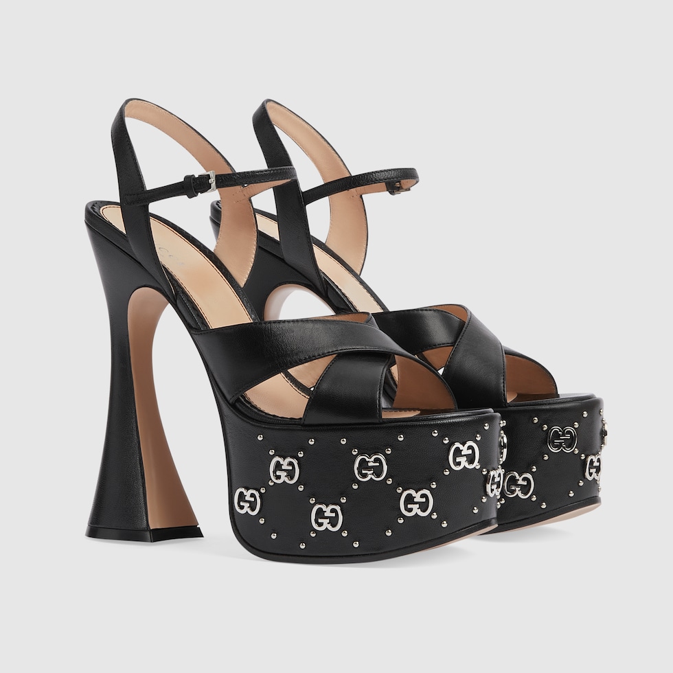 Women's sandal with Interlocking G studs in black leather