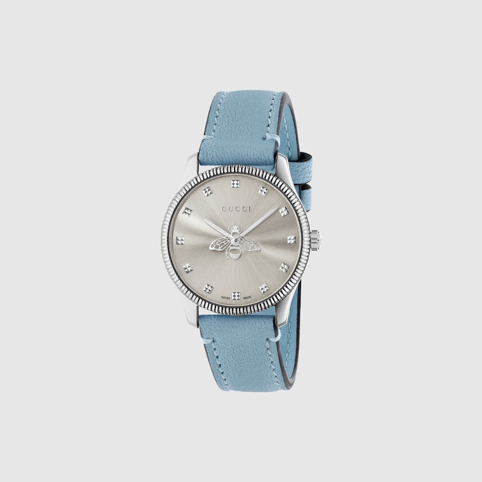 G-Timeless watch with bee, 29 mm in light blue lambskin | GUCCI® US