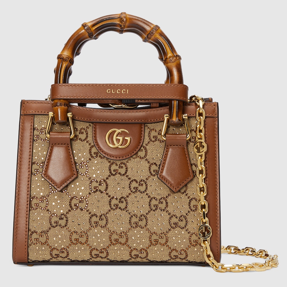Gucci Diana crystals small tote bag in camel and dark brown GG