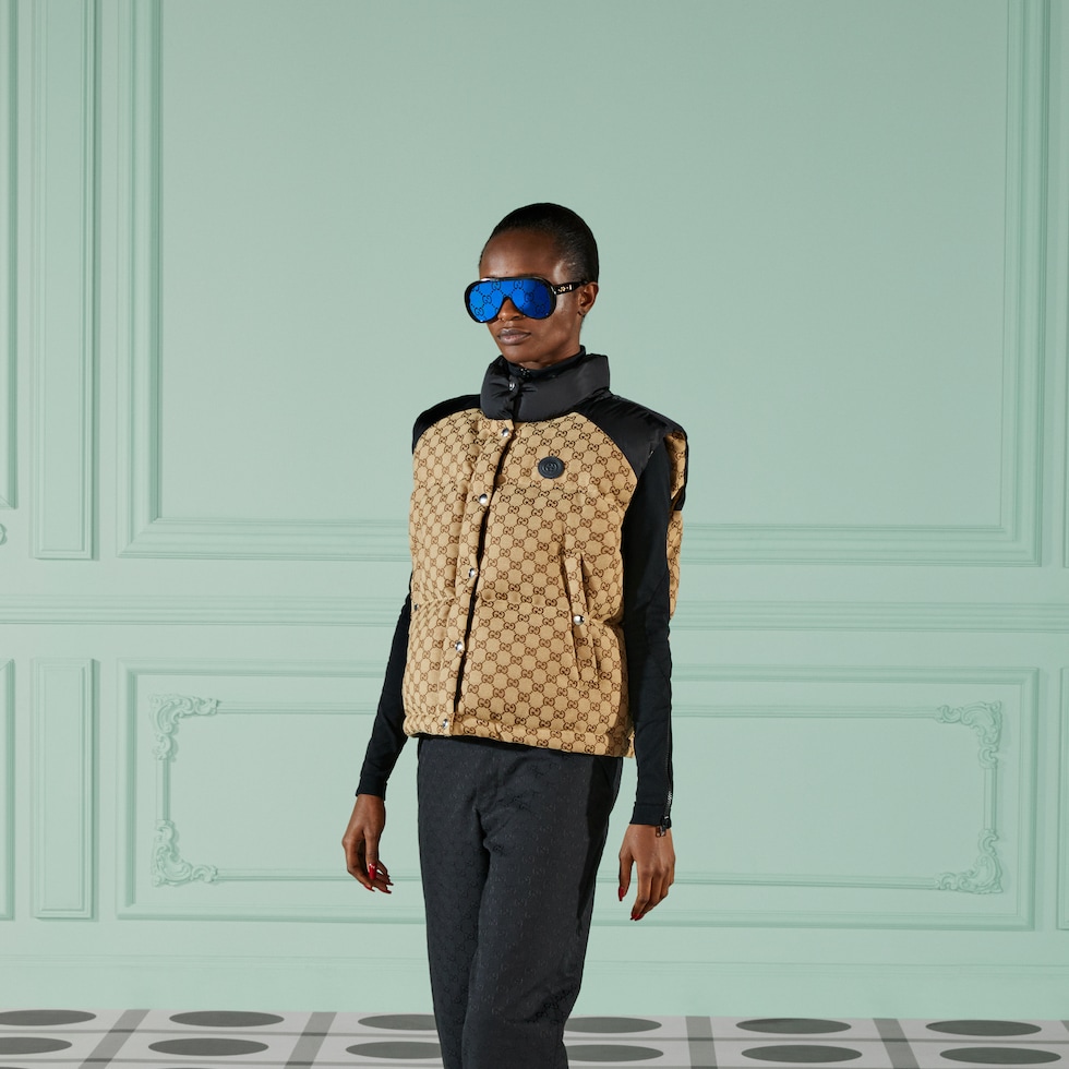 GG cotton canvas puffer vest in camel and brown | GUCCI® US