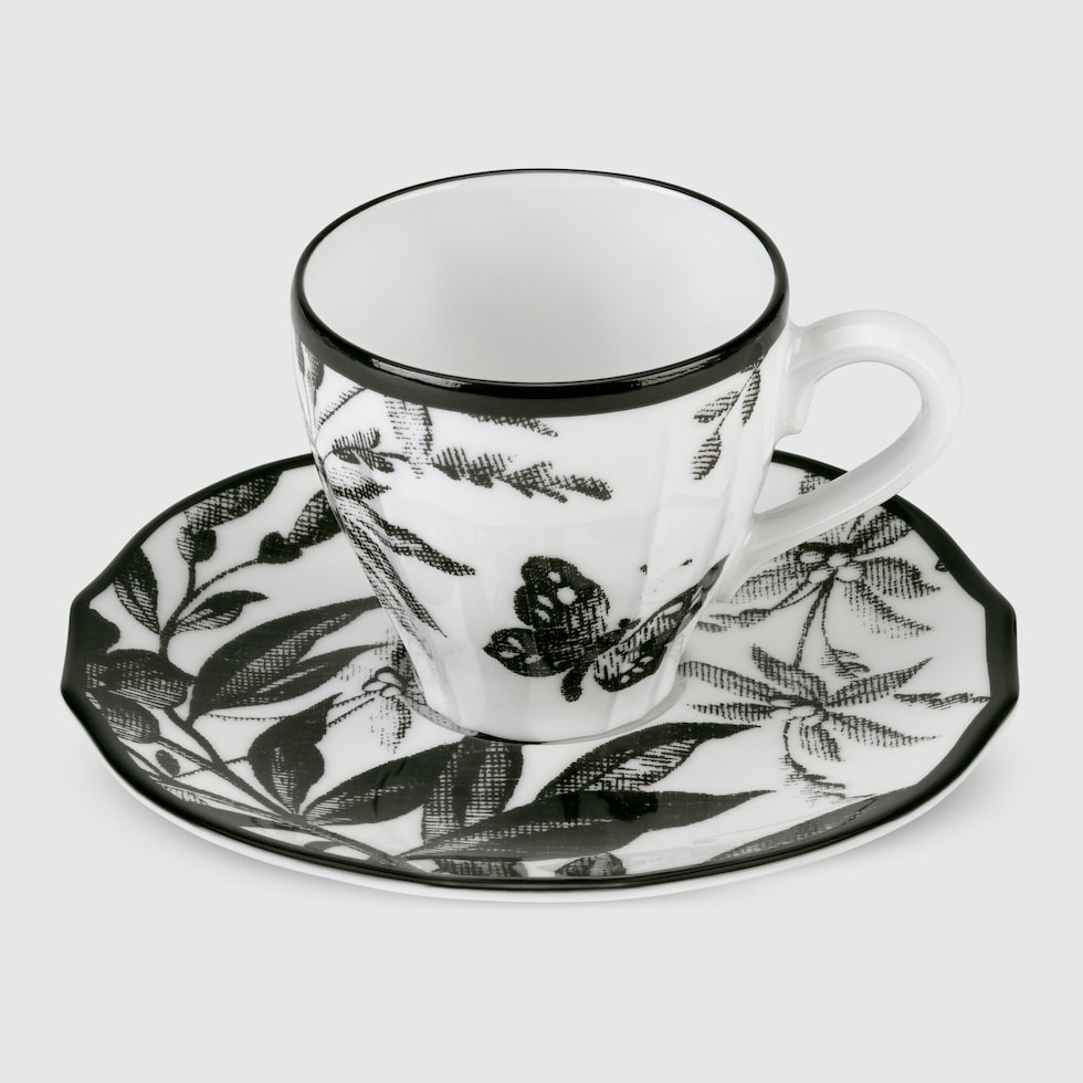 Herbarium coffee cup and saucer, set of two in black and white 