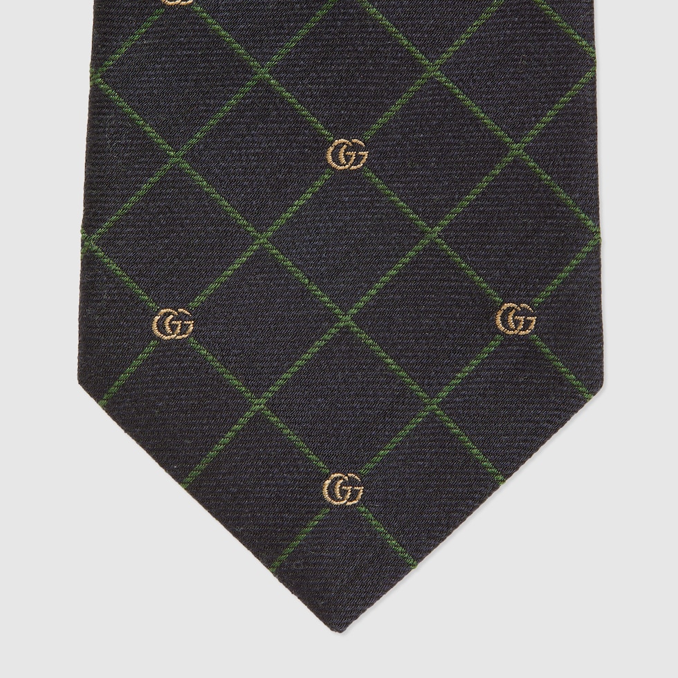 Double G and check silk jacquard tie in blue | GUCCI® US