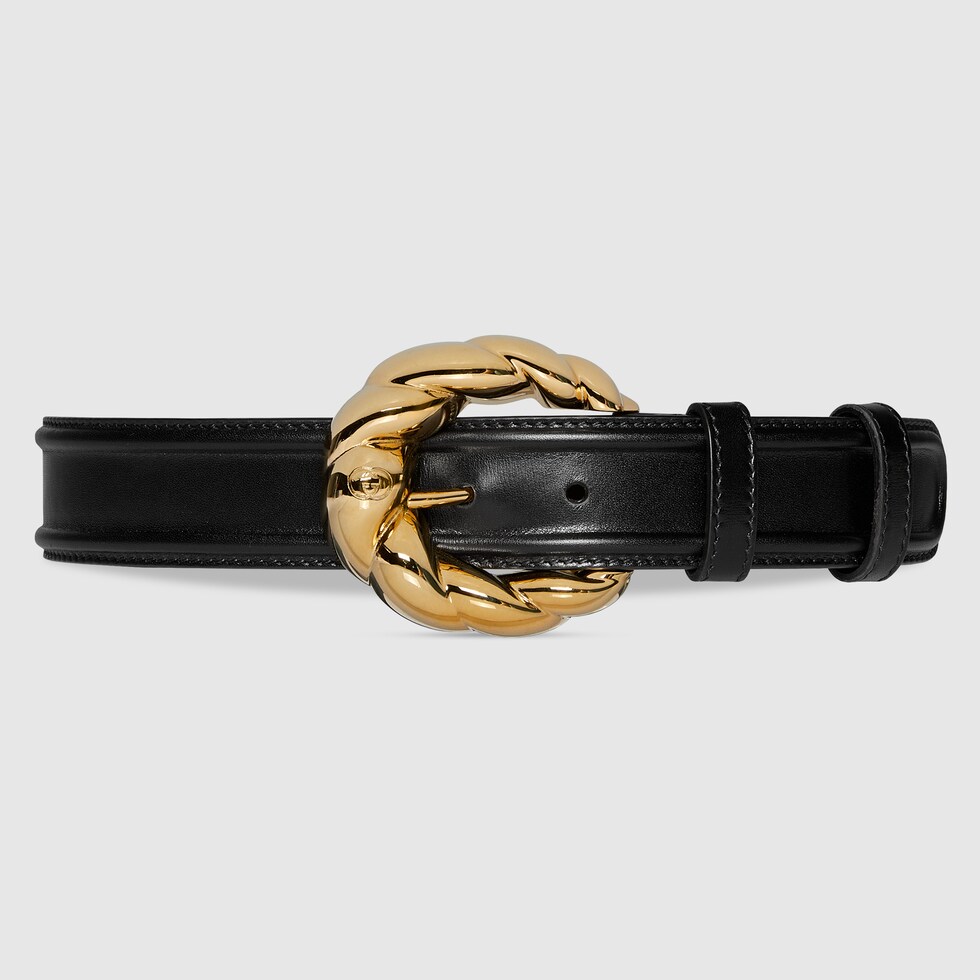 Belt with torchon buckle in black leather GUCCI