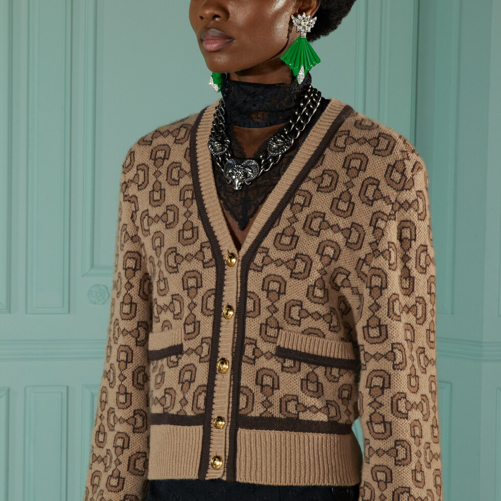 Horsebit cashmere jacquard cardigan in camel and brown GUCCI SE