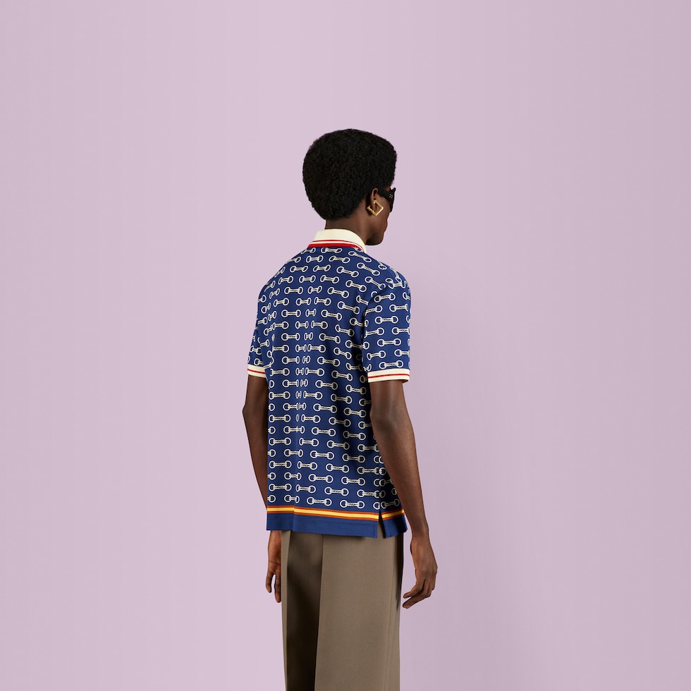 Horsebit print cotton polo shirt in blue and ivory GUCCI GR
