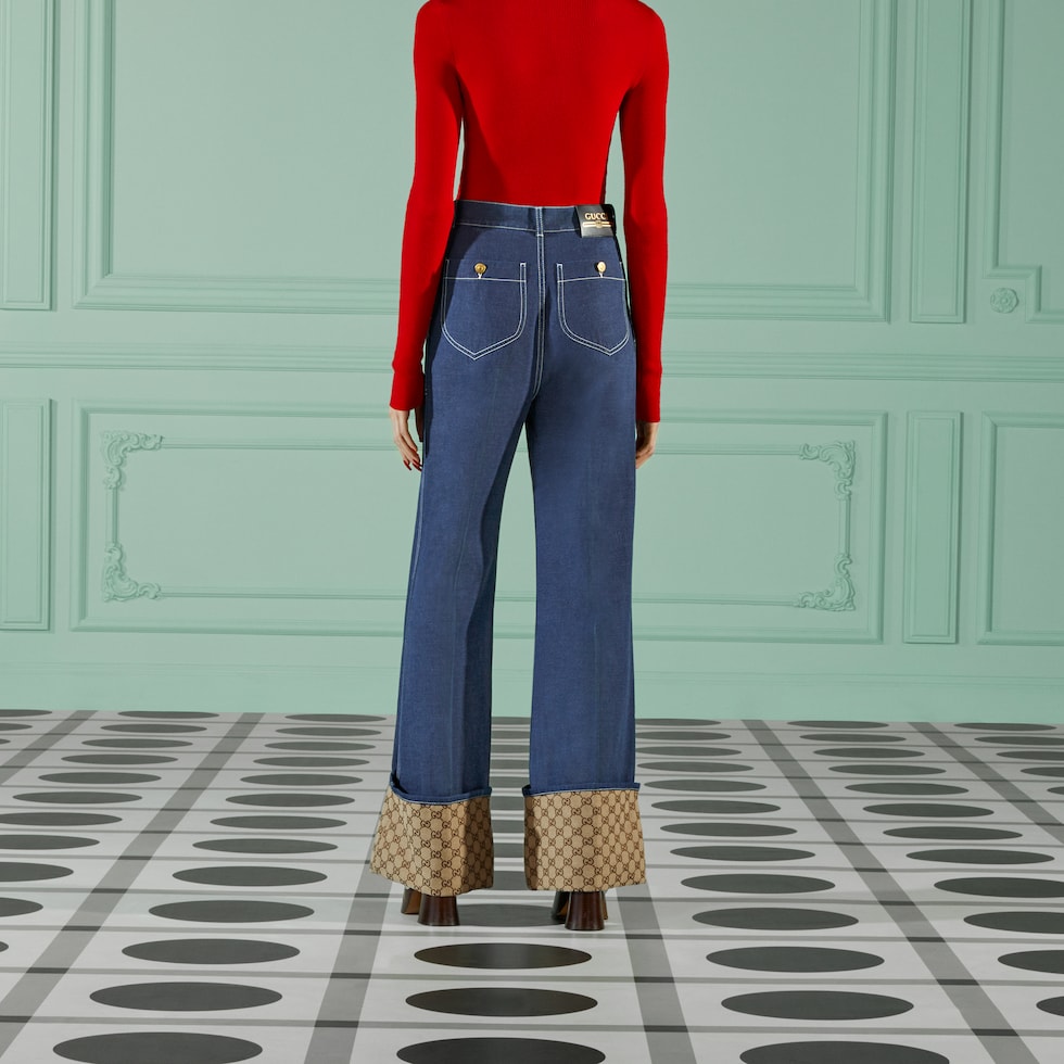 GG cuff denim pant in blue | GUCCI® US