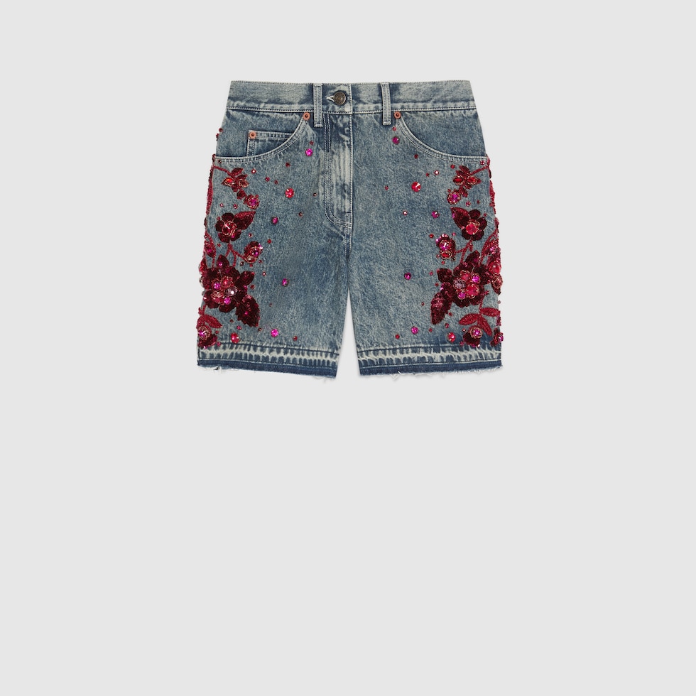 Denim shorts with floral embroidery in light blue GUCCI MX