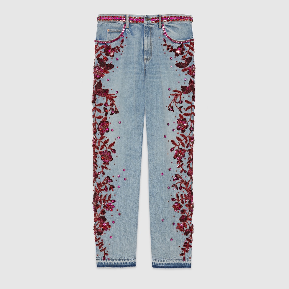 Denim trouser with floral embroidery in light blue GUCCI SG