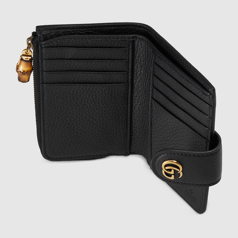 Medium Double G wallet with bamboo in black leather | GUCCI® US